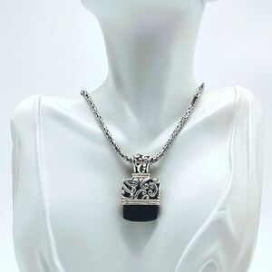 Vintage Sterling Silver Byzantine Chain Black Onyx Pendant Necklace